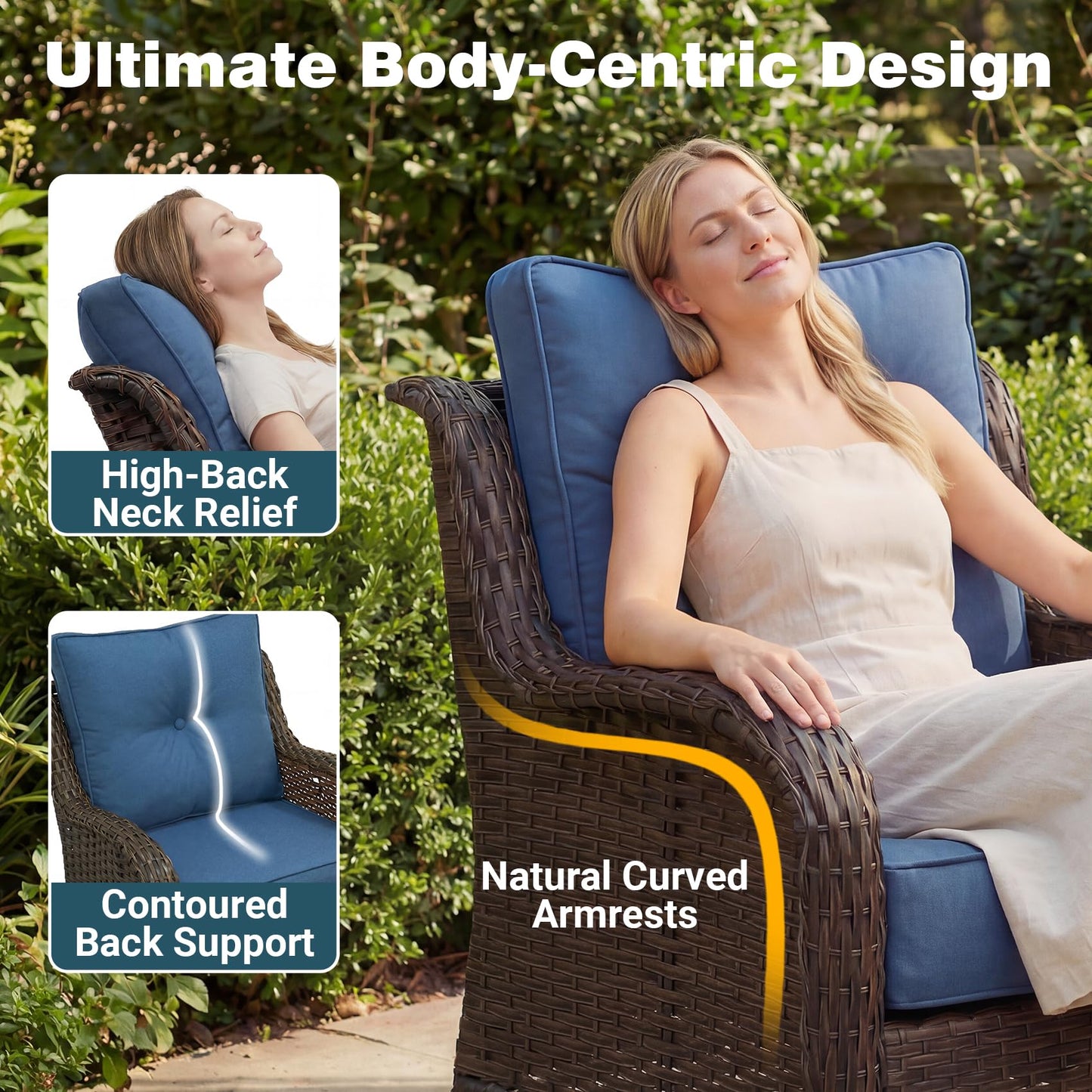 ADRERIC Luxury Patio Conversation Set, 5-Piece Ergonomic High Back Wicker Sofa&Swivel Chair Set with 6-Inch Deep Seating Cushions, Large Patio Furniture Set for Garden, Deck & Balcony, Navy Blue