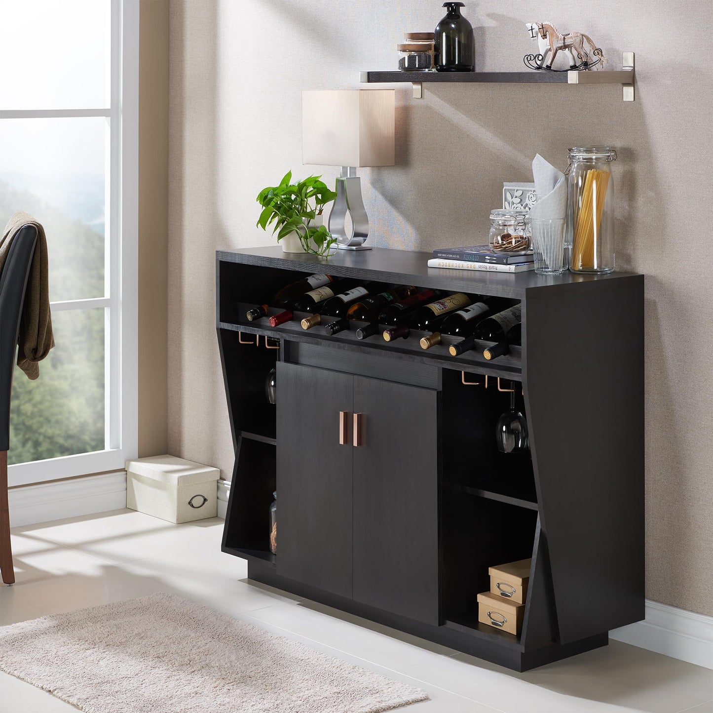 Furniture of America Polizzi Modern 5-Shelf Wood 36 in. Buffet with Wine Bottle and Stemware Rack, 2 Cabinet Doors for Dining Room, Kitchen, ‎Black