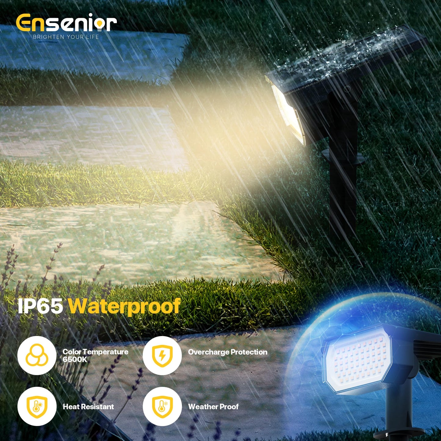 Ensenior Solar Spotlights Outdoor, 6500K LED, Brightness Adjustable, Pack of 4, Cool White, Waterproof, Model CP2-13CM-65K-04-BL