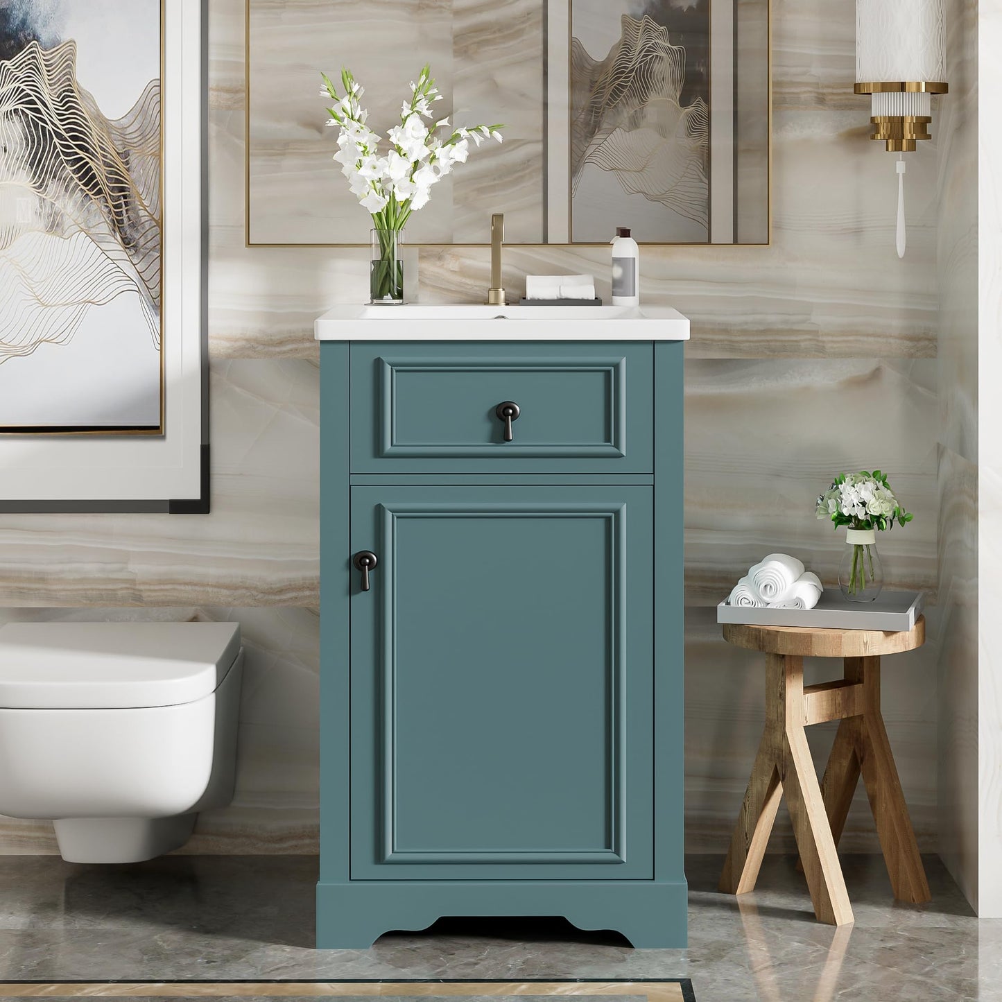 Merax Modern 20'' Bathroom Vanity with Single Sink Combo, Solid Wood Bathroom Storage Cabinet with Soft Close Door & Adjustable Shelf, Freestanding Vanities Set with Door-Mounted Storage Rack, Green