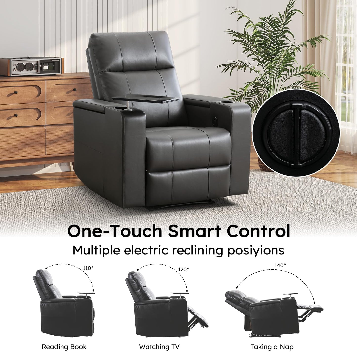 ANJ Home Theater Seating Power Recliner with Hidden Arm Storage, Single Faux Leather Recliners with Tray Table, Electric Movie Reclining Chairs with USB Ports & Cup Holders for Media Room, Grey