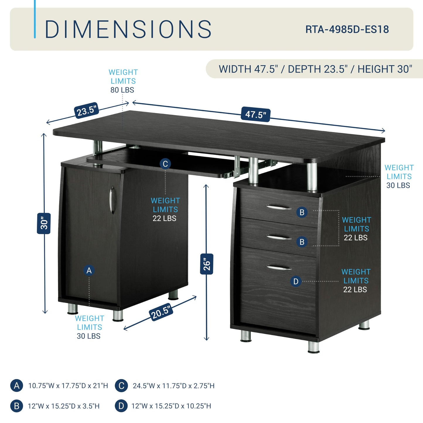 Techni Mobili 48''W Computer Desk with File Cabinet & Drawers, Espresso