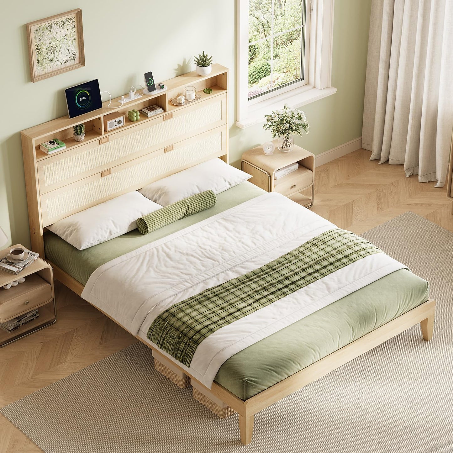 VINGLI Full Size Platform Bed Frame with Storage Headboard and Charging Station, Modern Rattan Wood Bed with Shelves,Space Saving Bed Frame for Bedroom or Guest Room