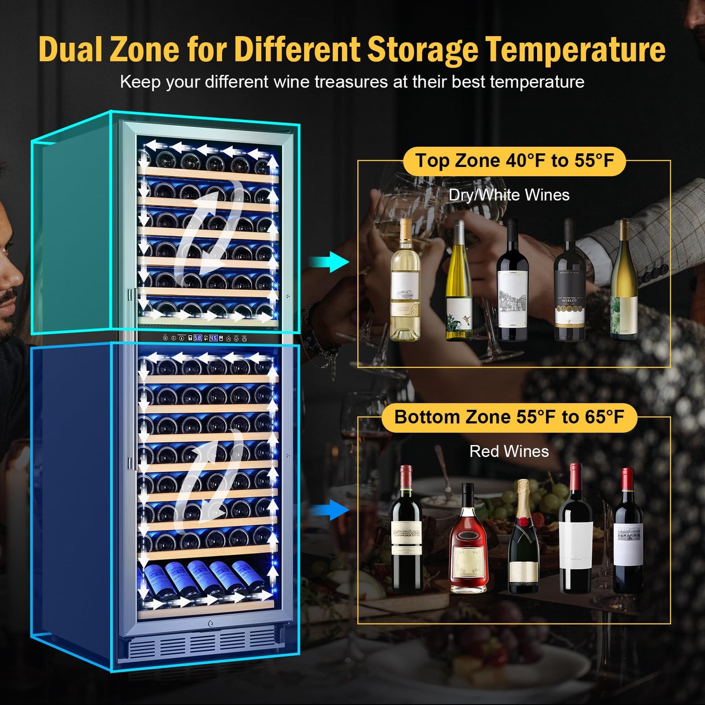 FoMup Wine Cooler Refrigerator 24 Inch, 180 Bottles Large Wine Fridge Dual Zones, Tall Freestanding/Built-in Wine Cellar Professional with Reversible Door Sliding Rail Shelves