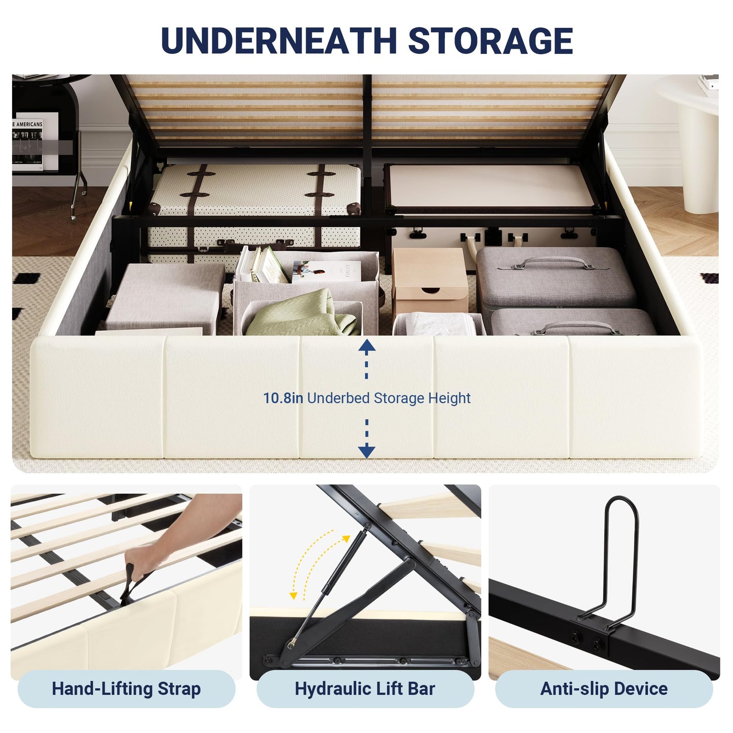 Allewie Queen Size Velvet Lift Up Storage Bed Frame, Vertical Channel Tufted Headboard, Hydrualic Underneath Storage, Upholstered Platform Bed, Wooden Slats Support, No Box Spring Needed, Cream