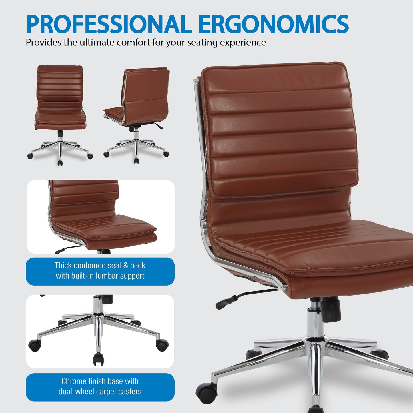 Office Star SPX Professional Ergonomic Ribbed Faux Leather Office Chair with Chrome Base, Mid Back Manager's Chair Without Arms, Saddle Brown