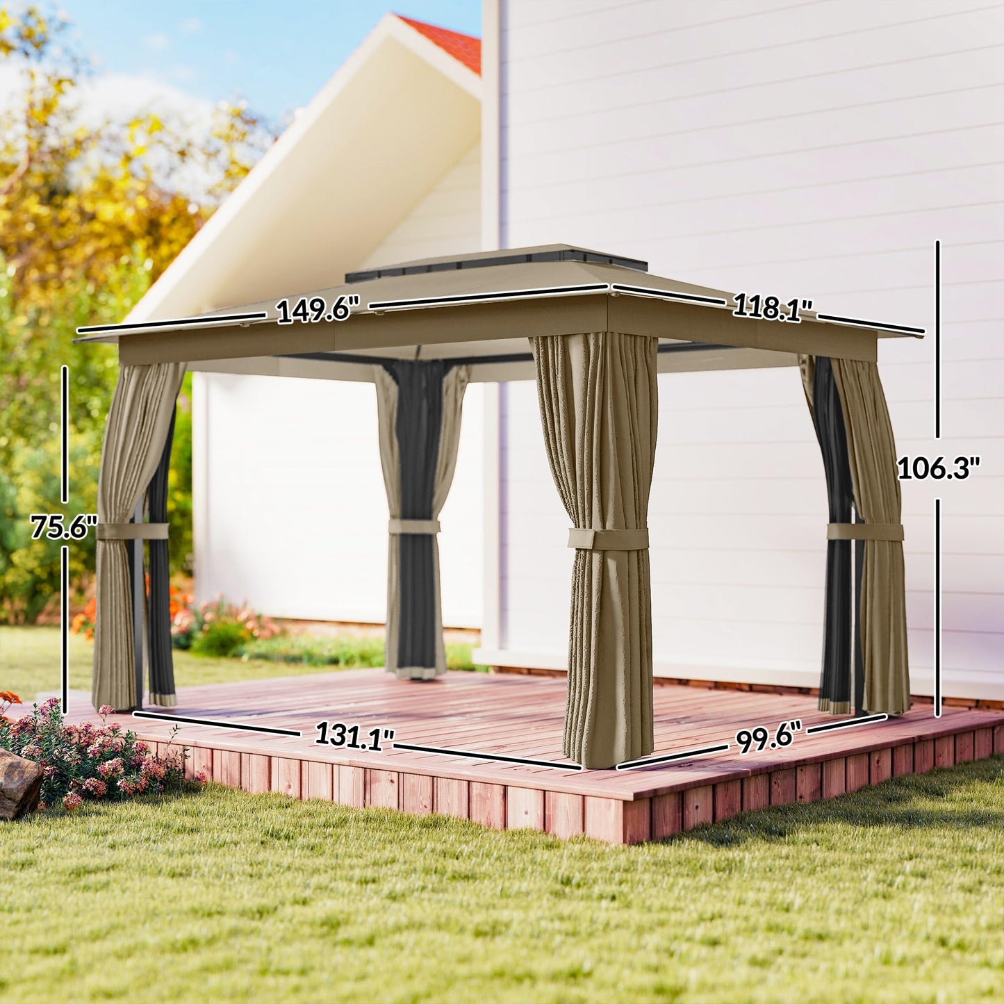 Outsunny 10' x 12' Outdoor Patio Gazebo, Heavy Duty Gazebo Canopy Shelter with Double Roof, Curtains, Netting, Steel Frame, UPF30+ Protection, Ceiling Hooks for Lawn, Backyard, Deck, Khaki