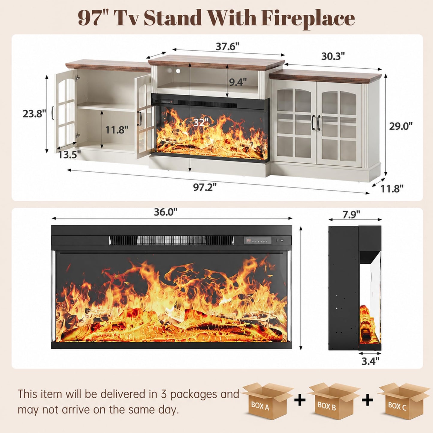 97" Farmhouse Fireplace TV Stand for TVs Up to 100", Entertainment Center with 36" 3-Sided Glass Electric Fireplace, 12 Flame Colors & LED Light Modes, Media Console for Living Room, White