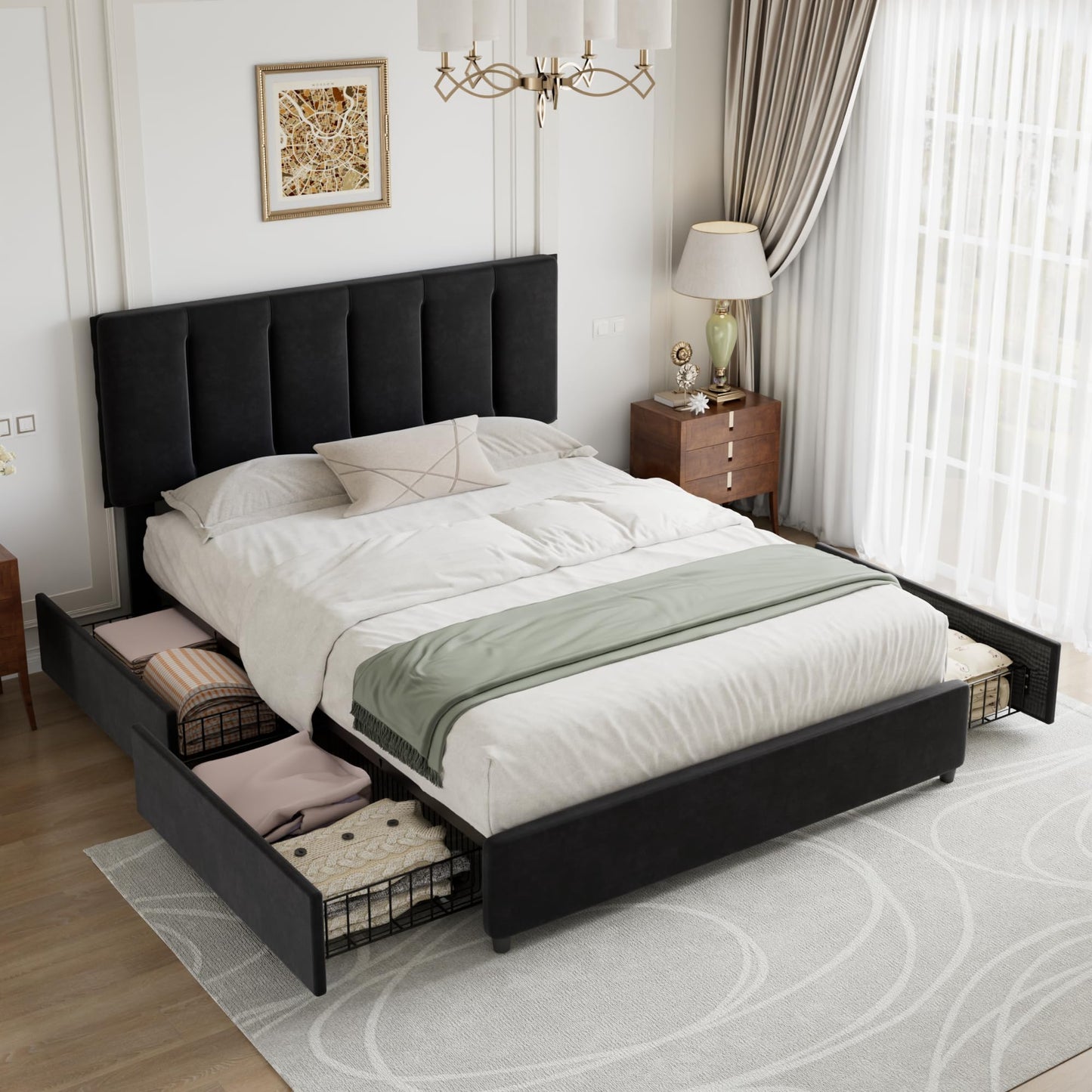 VECELO Queen Size Bed Frame with 4 Storage Drawers, Adjustable Height Headboard, Heavy-Duty Platform Bedframe with Strong Wooden Slats, No Box Spring Needed, Black