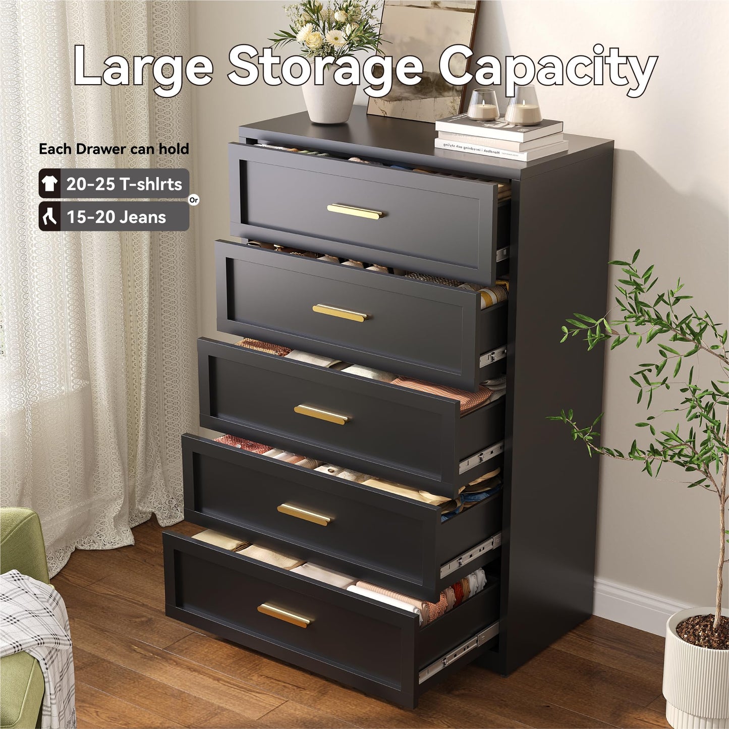 Black Metal Dresser with 5 Drawer, Tall Dressers for Bedroom, 48" Tall Modern Chest of Drawers, Steel Large Dresser Clothing Storage Organizer Deep Drawers for Closet, Living Room, Hallway