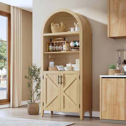 IDEALHOUSE Arched Kitchen Pantry Cabinet with Doors, 5-Tier Wooden Display Cabinet with Adjustable Shelf, Farmhouse Storage Organizer for Kitchen, Dining Room, Living Room, Home Office, Natural