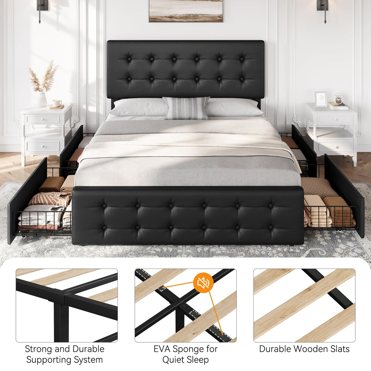 IDEALHOUSE Queen Size Bed Frame with 4 Storage Drawers and Headboard, Faux Leather Upholstered Platform Bed Frame with Wooden Slats Support, Button Tufted Design, No Box Spring Needed, Black