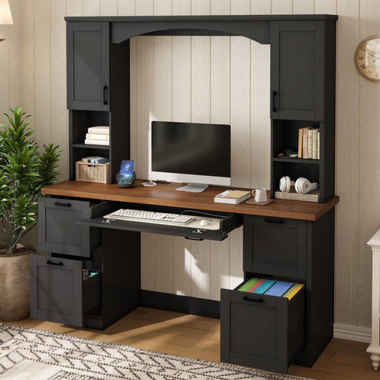 Merax Farmhouse Arched 67" Computer Desk with Power Outlets & Keyboard Tray, Wood Executive Home Office Desk with Hutch, Writing Desk with Storage Drawers for Working Study, Black