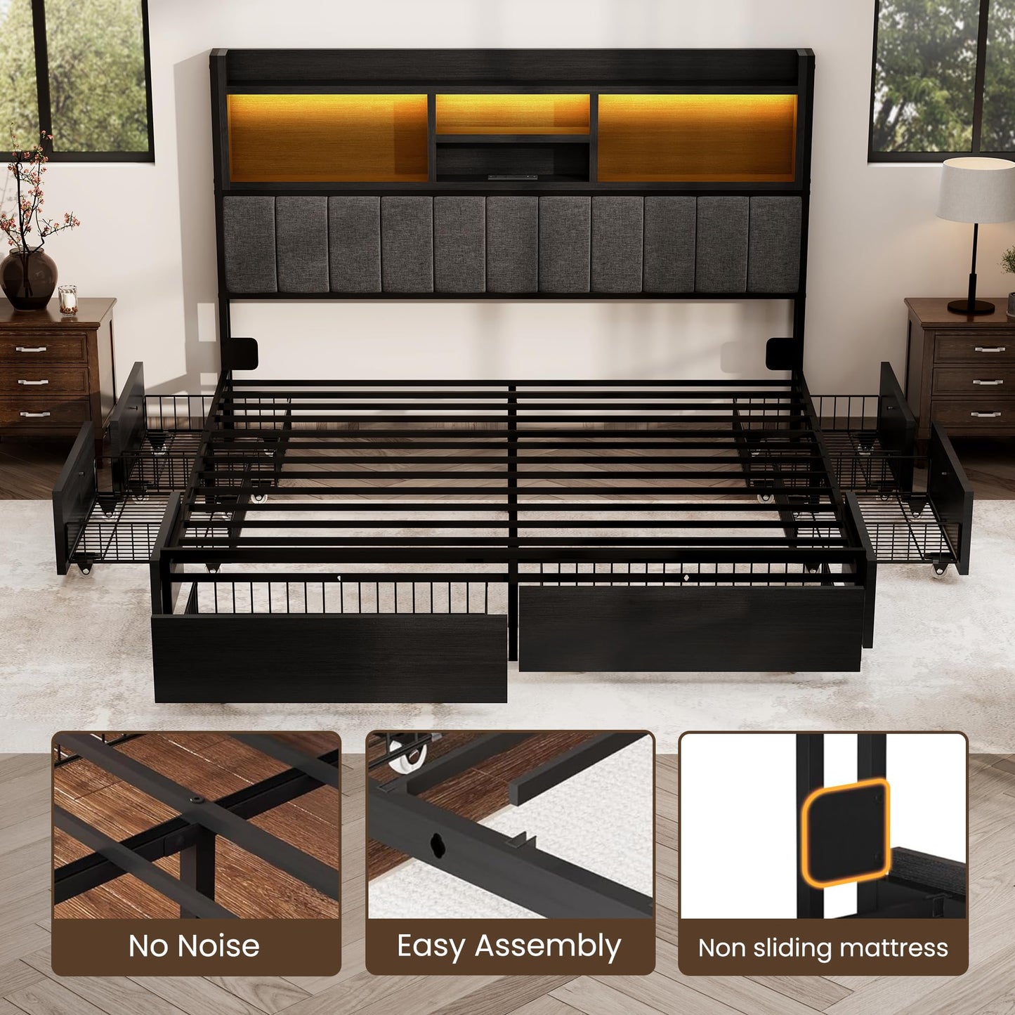 BRELTAM King Bed Frame with 6 Storage Drawers, Linen Upholstered Headboard, Built-in USB Charging Station & LED Lighting, Silent Metal Support, No Box Spring Needed, Vintage Black