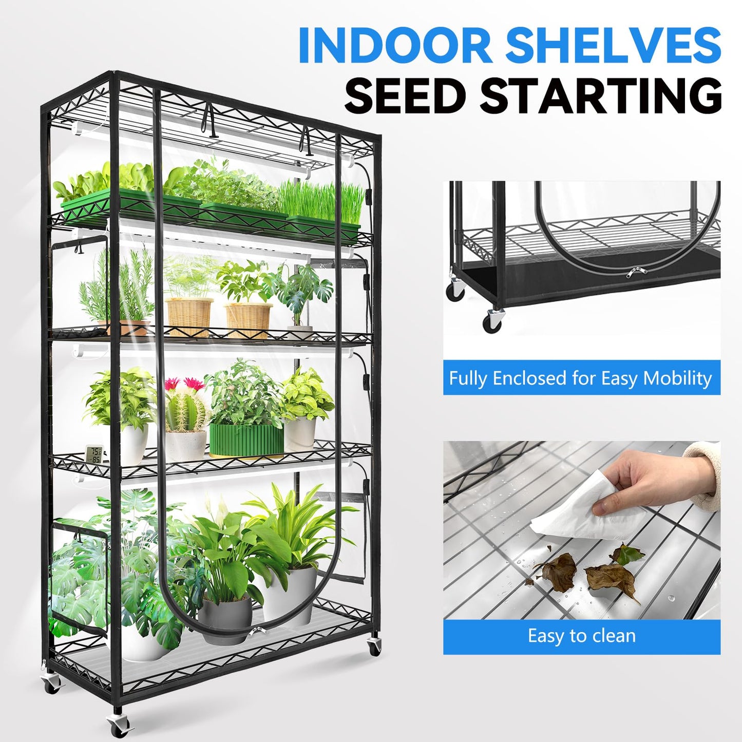 JESLED Indoor Greenhouse with Grow Light, 4FT Full Spectrum 5000K LED Light for Seed Starting, Tiered Lighting Control, Built-in Timer & Thermo-Hygrometer, Rolling Metal Plant Stand (47.2x13.8x70IN)