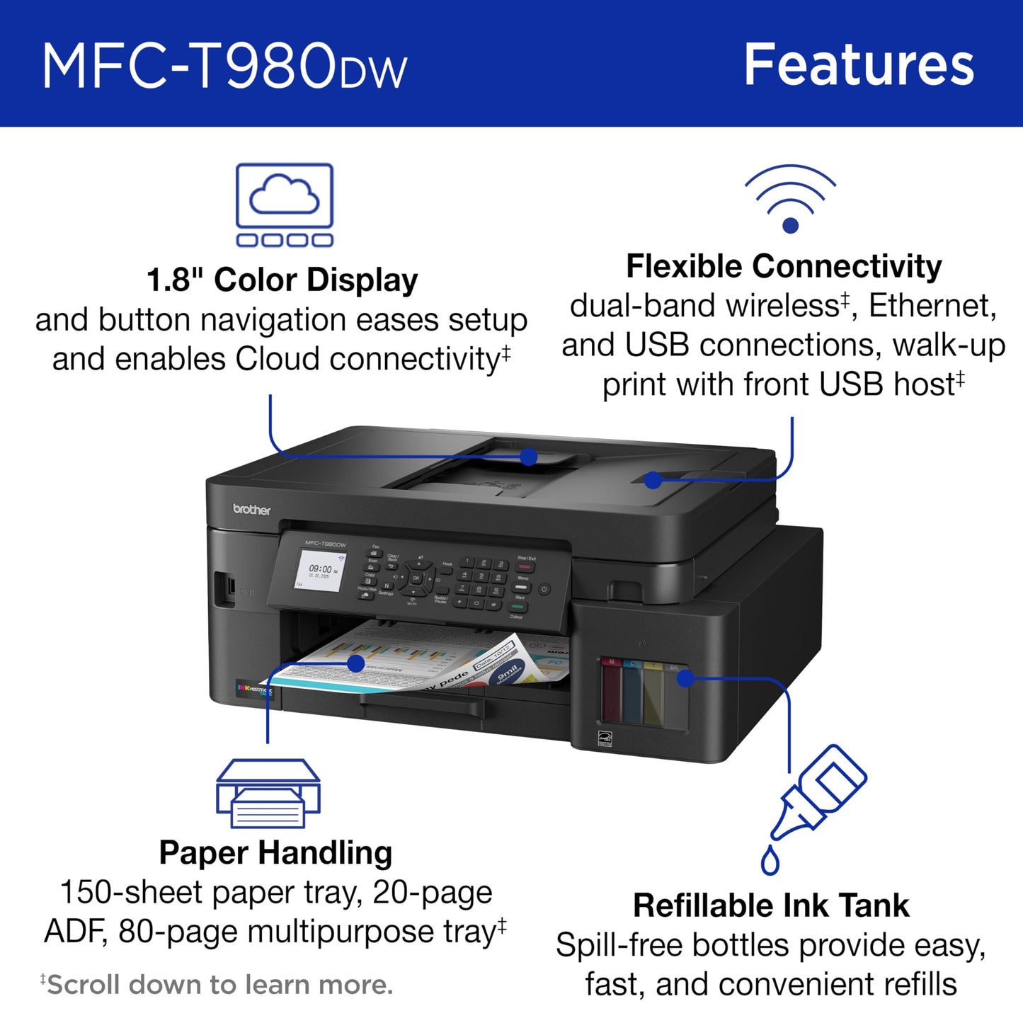 Brother INKvestment Tank 980 Wireless and Ethernet Color Inkjet All-in-One Printer with Multipurpose Tray | Includes up to 3 Years of Ink in-Box(1) and Limited Warranty(2) (MFC-T980DW)