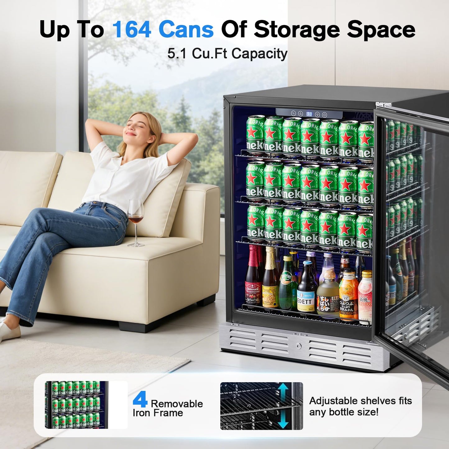 Kalamera 24 Inch Beverage Refrigerator, 164 Cans Under Counter Beverage Cooler for Beer Wine, Built-in/Freestanding Drink Fridge with Glass Door & Adjustable Shelves for Home Kitchen Office Bar