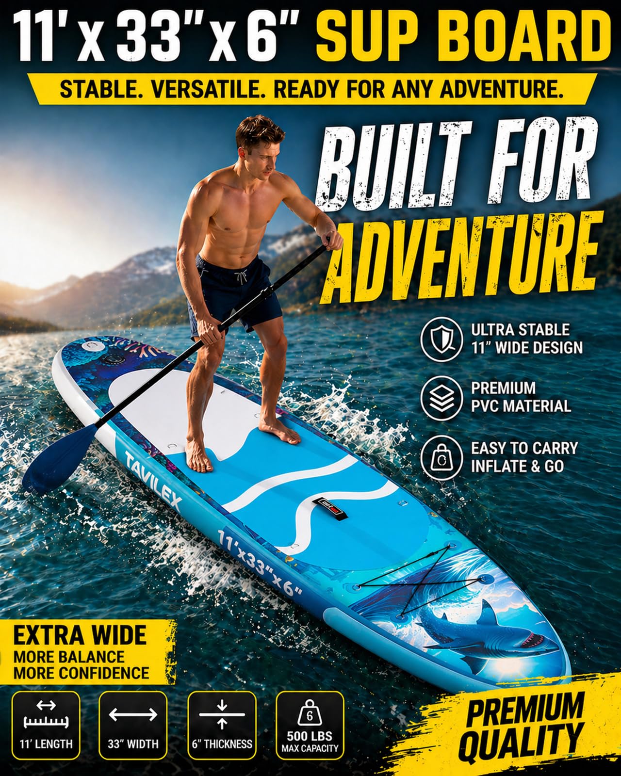 Tavilex Inflatable Stand Up Paddle Board with Seat, 11' x 33" x 6" Ultra-Wide 2-in-1 SUP Board for Adults & Youth, Stable Blow Up Paddleboard Kit with Dual-Blade Paddle (Shark Power)