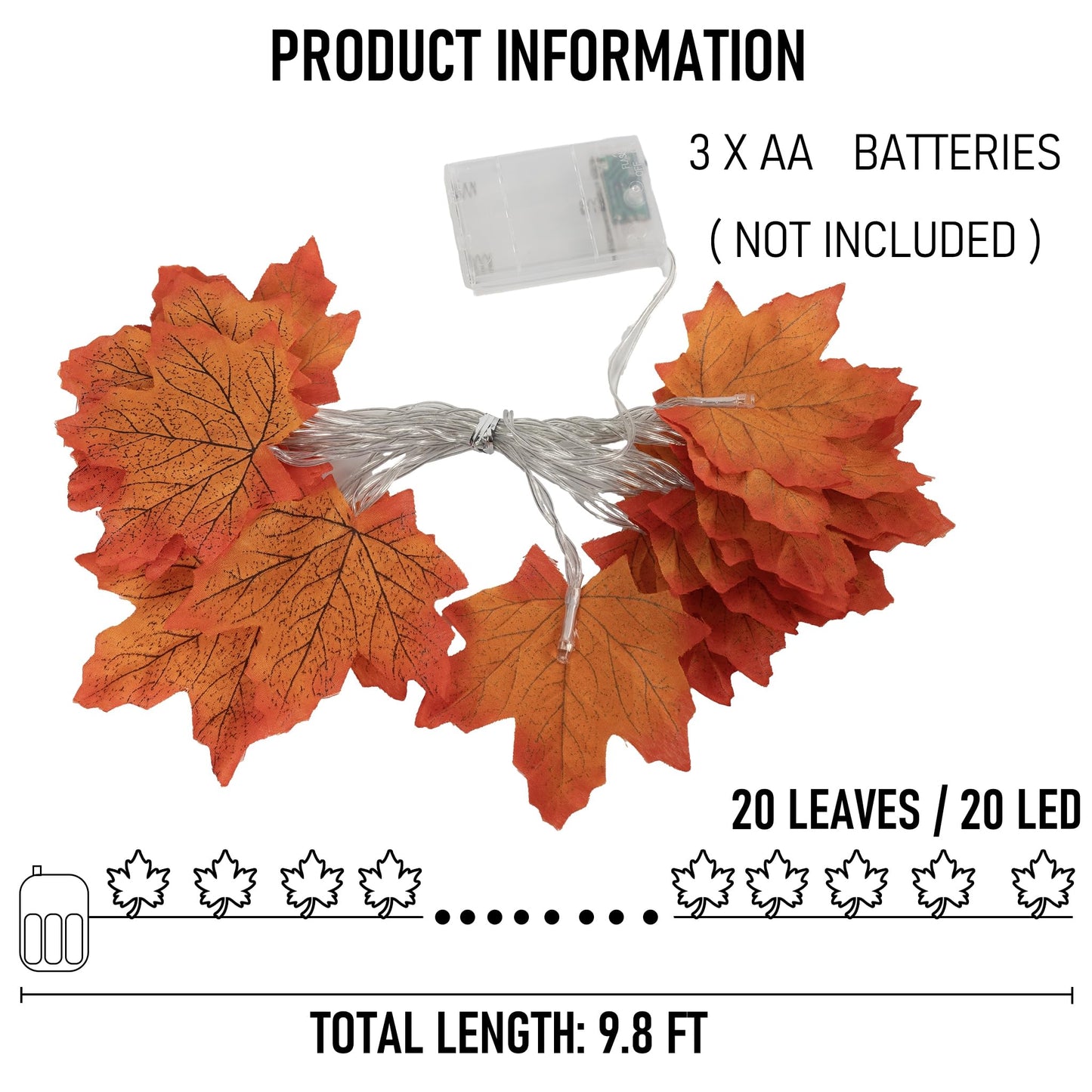 Dazzle Bright Maple Leaf String Lights, 40FT, 80 LED, Battery Operated, 4 Pack, Orange, Fall Thanksgiving Indoor Outdoor Decor