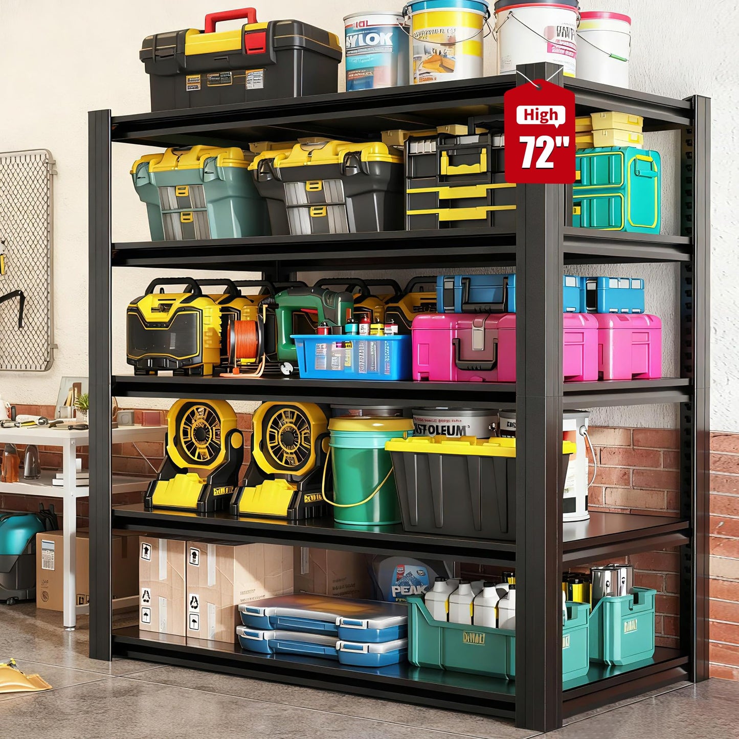 FOSTOKO Storage Shelves, 5-Tier Garage Shelving, Adjustable Heavy Duty Shelving Units, Metal Industrial Utility Organizer Storage Racks for Basement, Kitchen, Warehouse, Pantry, 24" D×48" W×72" H