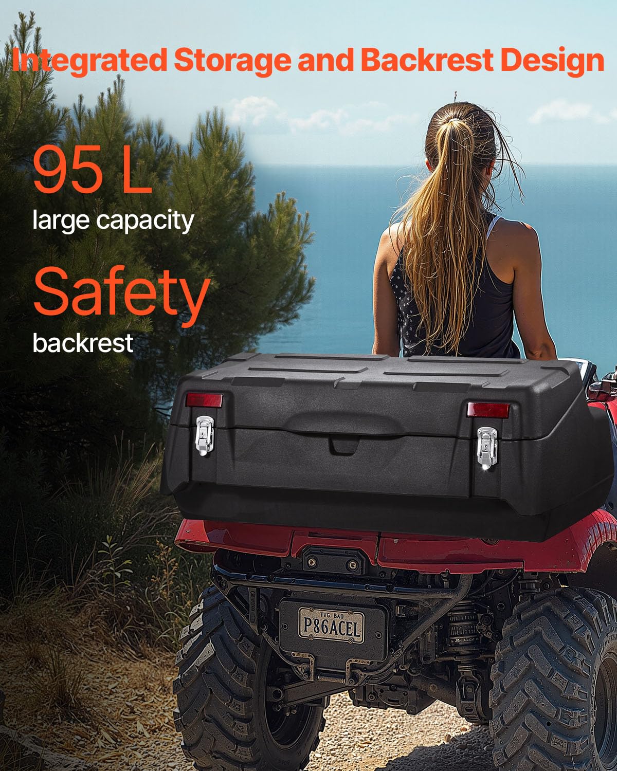 VEVOR ATV Rear Storage Box, 95L ATV Rear Cargo Box with Padded Backrest, Waterproof LLDPE and Lockable Gear Storage Box Fit Most ATVs with Rear Rack, Compatible with ATV, UTV, Can-Am Vehicles