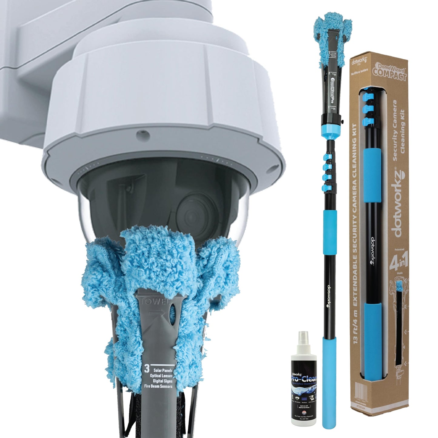 DomeWizard™ Compact Security Camera Cleaning Kit with Pole – Streak-Free Lens Cleaner for Dome, PTZ, Mini Dome & Bullet Cameras – Reusable Microfiber Mitt + 8oz Cleaning Solution