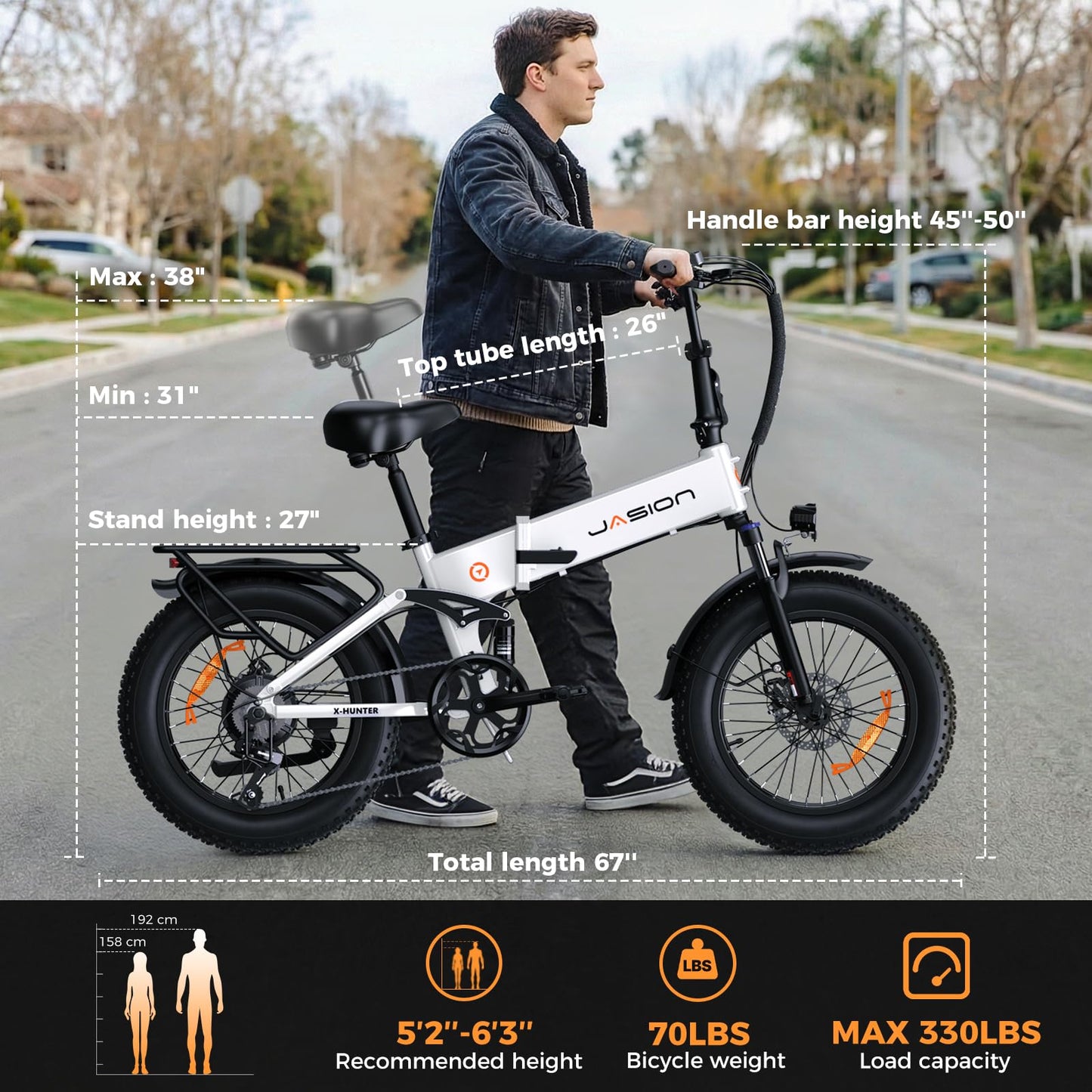 Jasion X-Hunter Foldable Electric Bike, 1400W Peak Motor, 30MPH Max Speed 70+ Miles, 48V 13AH Removable Battery, Full Suspension System, 20''*4.0 Fat Tire Ebike For Adults, 7-Speed Bicycle with Basket