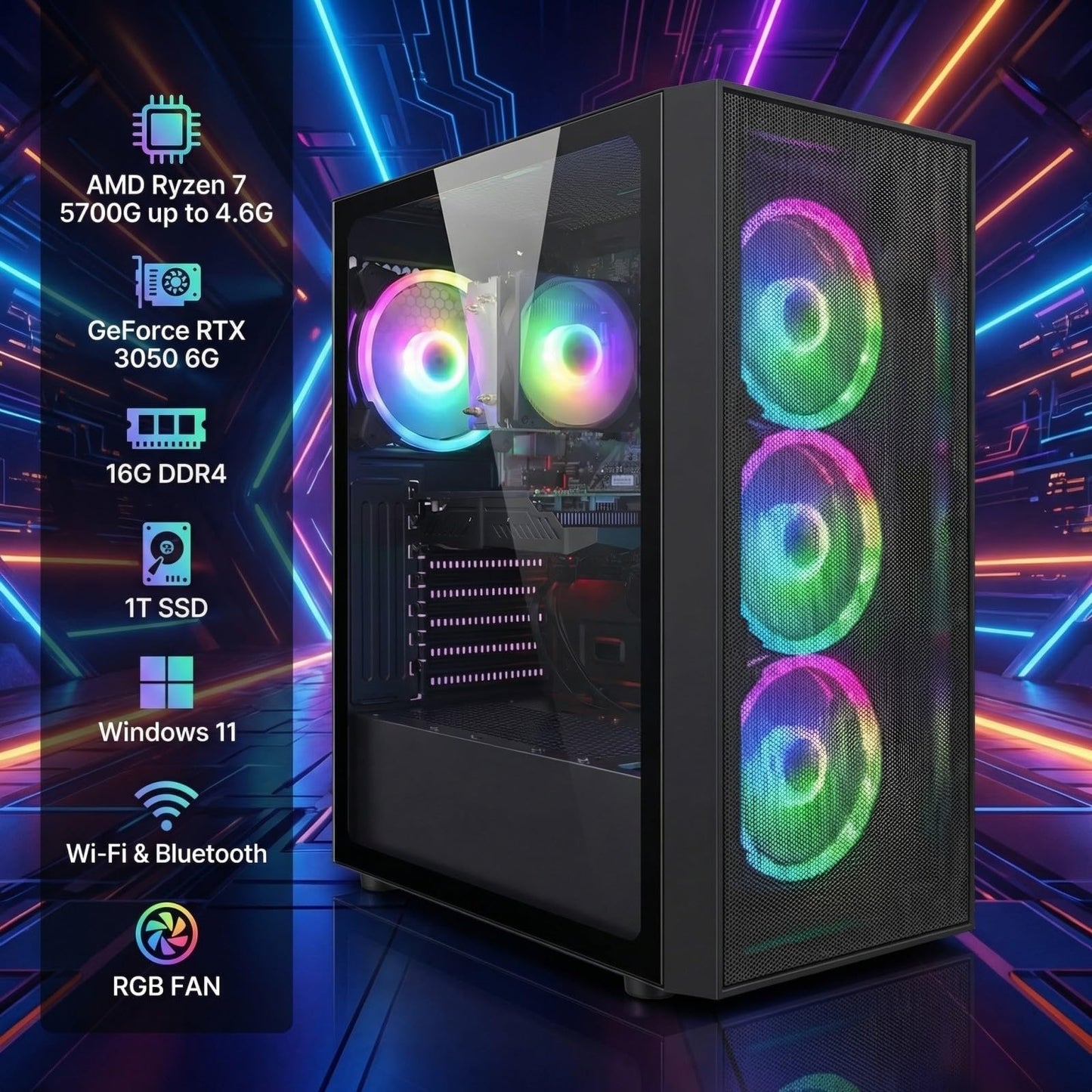 STGAubron Gaming PC Computer Desktop, AMD Ryzen 7 5700G up to 4.6G, GeForce RTX 3050 6G, 16G DDR4, 1T SSD, WiFi 6, BT 5.2, RGB Fan x4, Windows 11 Home