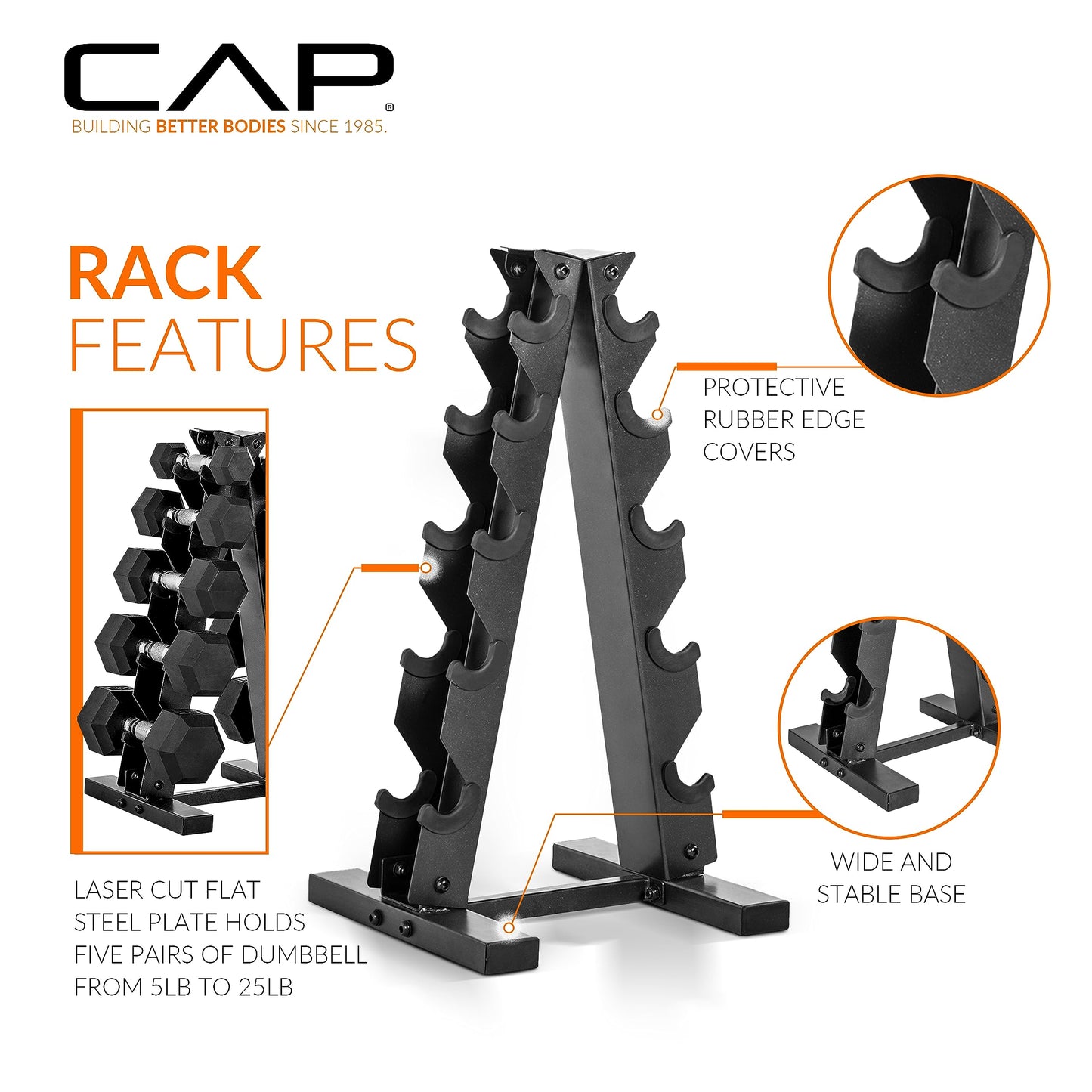 CAP 150 lb Rubber Coated Hex Dumbbell Set with Vertical Rack, Space-Saving A-Frame Storage for Home Gym Strength Training, Chrome Handle, Black Rack