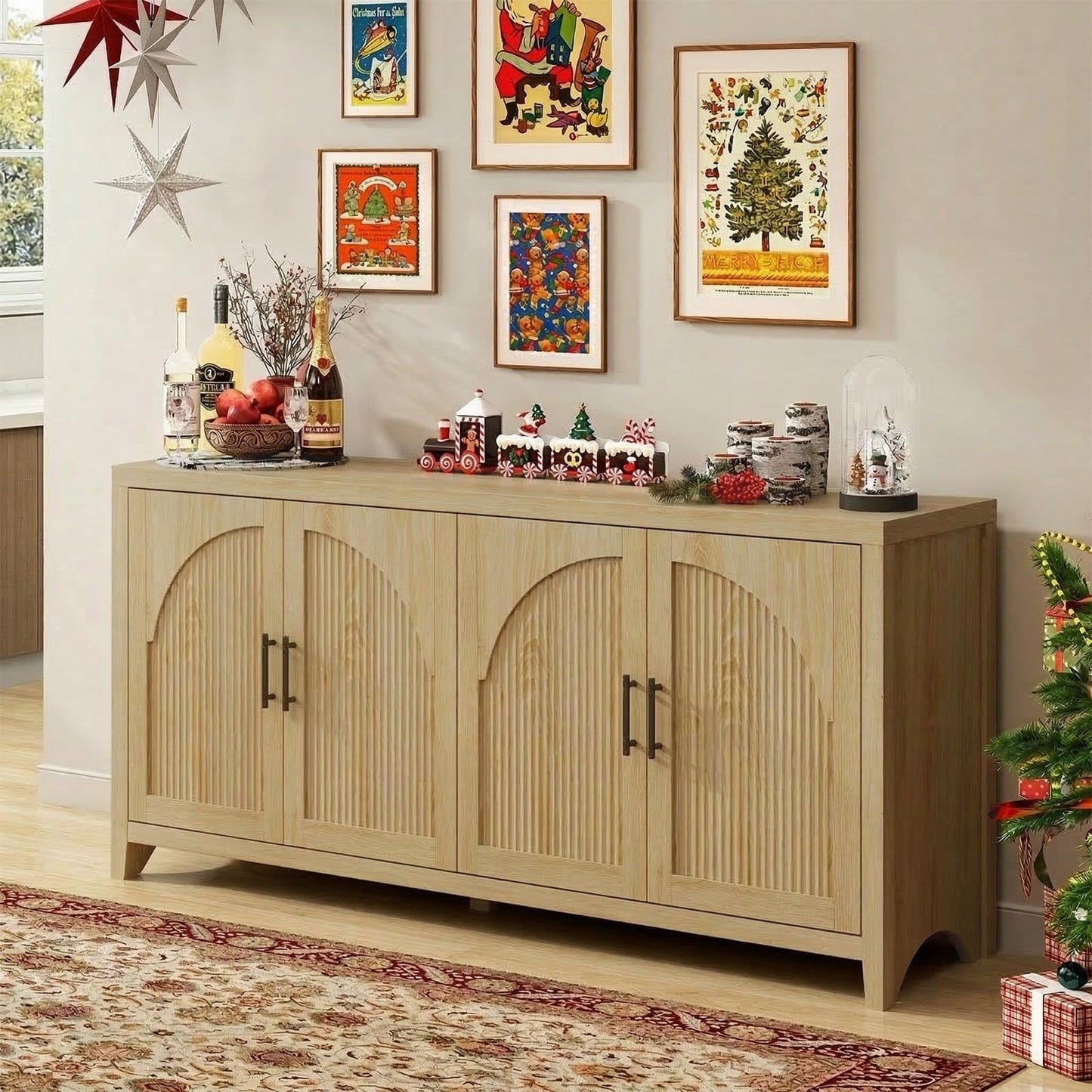 Bestier 70"W Sideboard Buffet Cabinet with Storage, Mid Century Credenza Storage Cabinet, 4 Doors Reeded Sideboard, Adjustable Shelves, Wood Buffet Long Cabinet for Living Room, Entryway, Coastal Oak