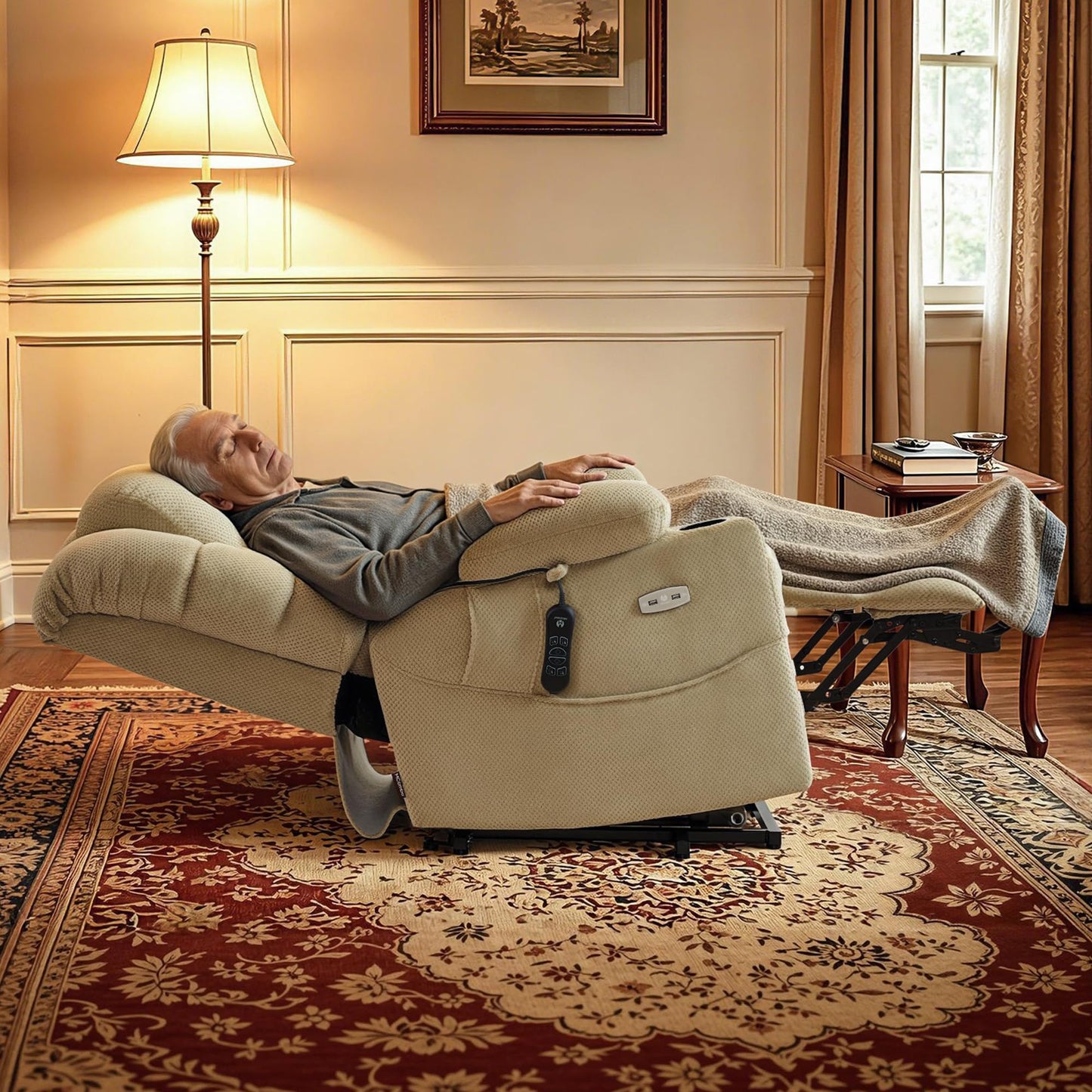 MCombo Triple Motor Lay Flat Power Lift Recliner Chair for Tall Elderly, Infinite Position, Massage, Dual Heating, Adjustable Headrest, Fabric 7634 (Beige, Large)