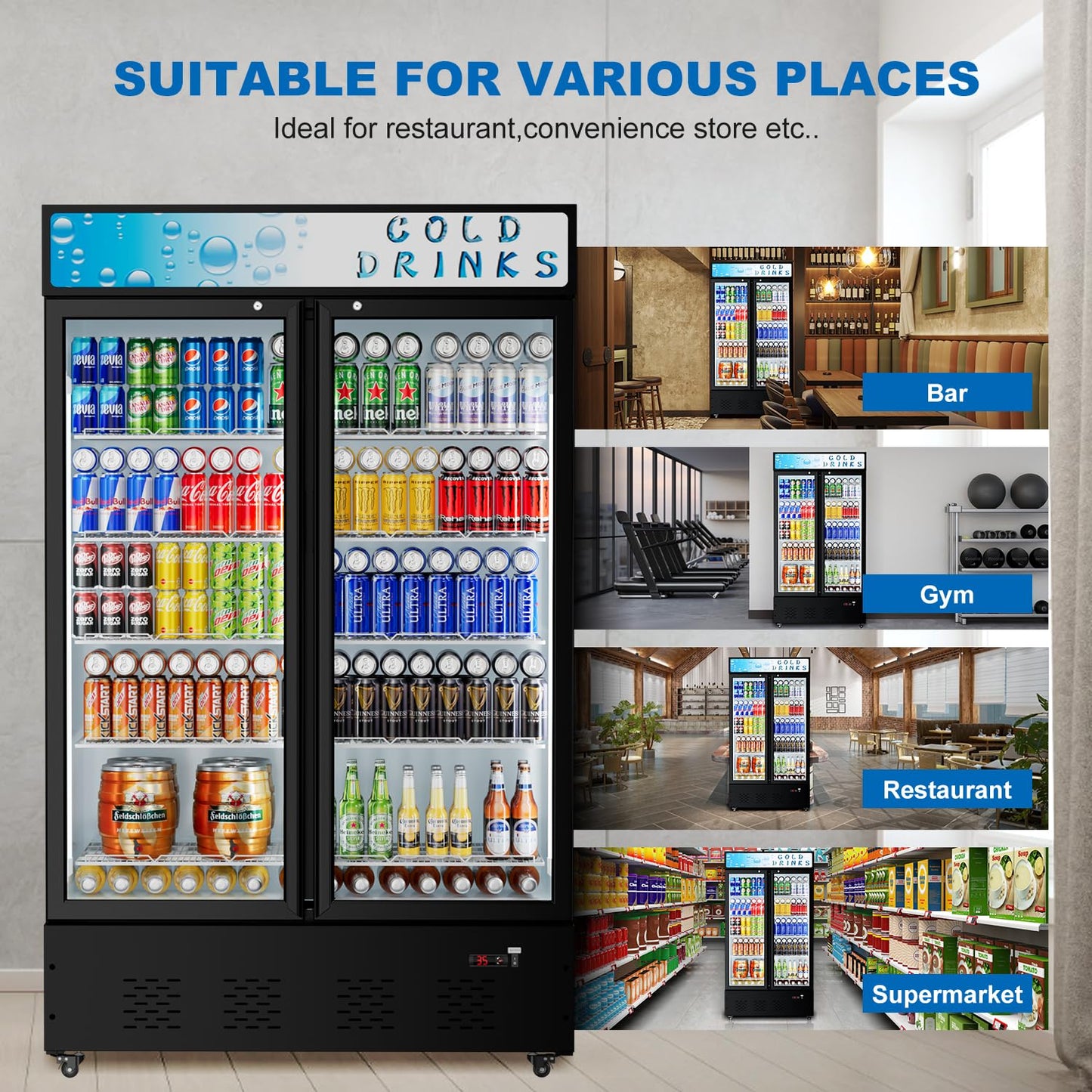 Ferueo Commercial Beverage Refrigerator, 40 Cu.ft.Display Fridge Glass Door Upright Display Door with Adjustable Shelves LED Light for Restaurant,Grocery Stores,Office