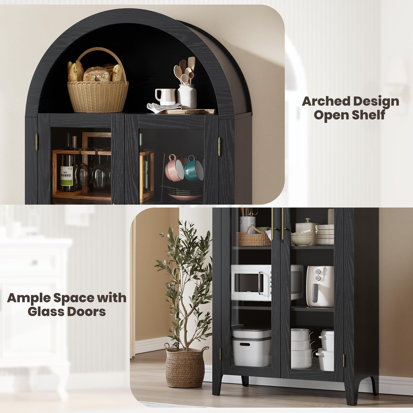 Garvee Arched Cabinet with Glass Doors, 5-Tier Kitchen Pantry Cabinet with Adjustable Shelves, Farmhouse Display Storage Cabinet for Dining Room, Living Room, Black