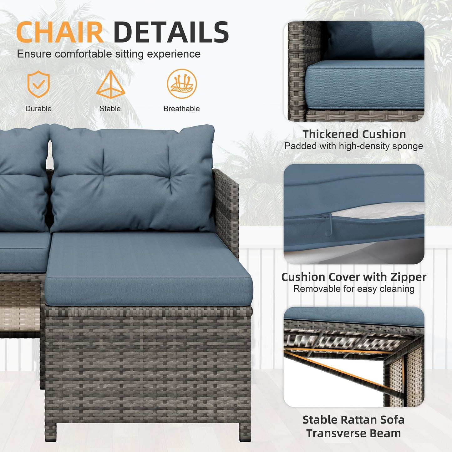 Shintenchi 3 Pieces Outdoor Patio Furniture Sets, Wicker Patio Conversation Sets, All Weather Wicker Rattan Patio Seating Sofas with Glass Coffee Table and Cushion, Blue-Gray