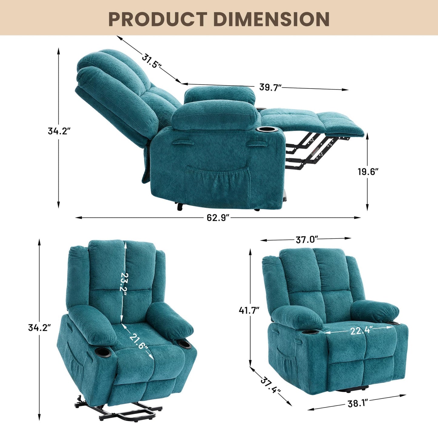 Garvee Power Lift Recliner Chair with Massage and Heat, Oversized Electric Lift Chair with Stand Assist, 155° Adjustable Lay Flat Recliner, 2 Cup Holders for Living Room