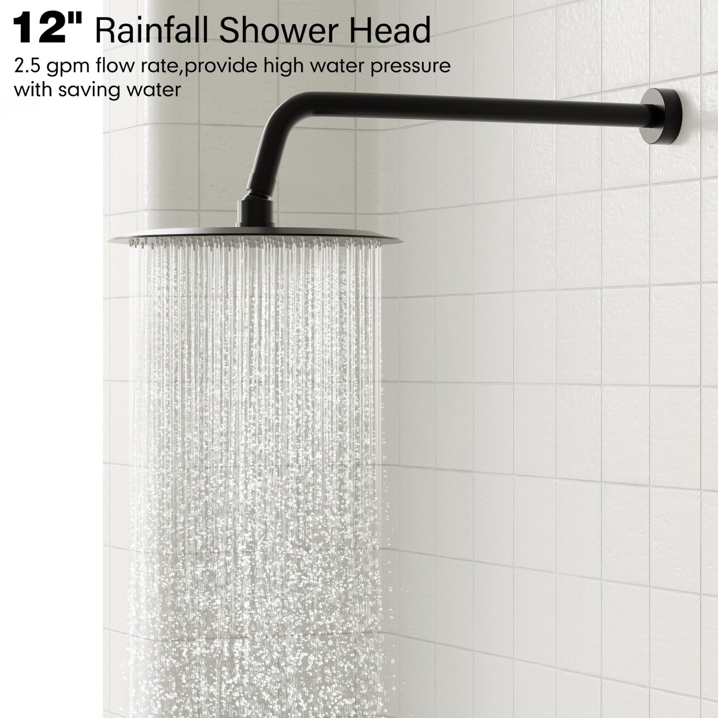 Gabrylly Shower System, High Pressure 12" Rain Shower Head with Handheld Shower,Wall Mounted Slide Bar Shower Faucet Set Complete, Shower Combo Set with Shower Valve,Matte Black