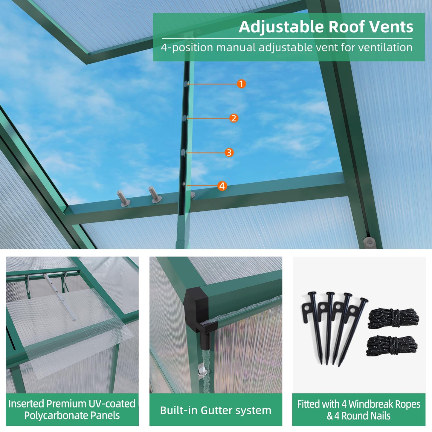 6x10FT Walk-in Polycarbonate Greenhouse Kit, Heavy Duty Aluminum Frame Outdoor Greenhouse with Raised Base, Vent & Drainage System, UV Resistant Plant House for Backyard Garden All Season Use