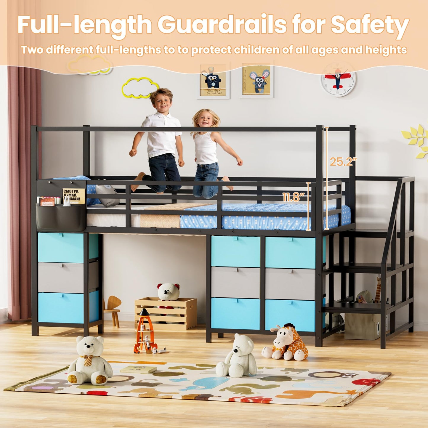 Zerduos Low Loft Bed Full Size with 9 Storage Drawers, Full Loft Bed with Stairs,Bedside Storage, Metal Full Loft Bed for Kids with 11.8" &22.5" H Safety Guardrail, Under-Bed Play Space