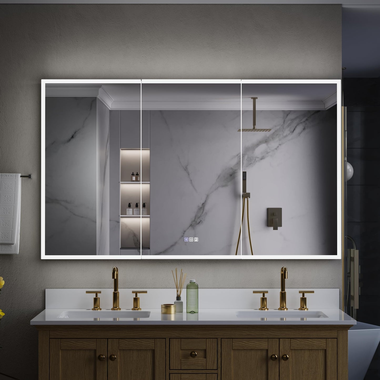 WELLFOR 60" X 36" LED Medicine Cabinet with Mirror, 3X Magnifiying Mirror Cabinet, Defogging/Dimmable Bathroom Mirrored Cabinet, Lighted Medicine Cabinet with Outlets & USB Ports, Three Opening Doors