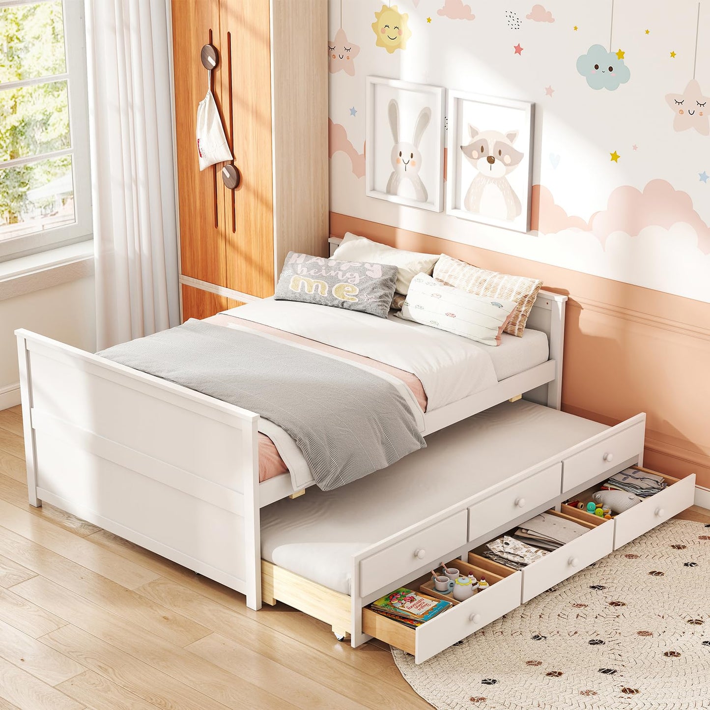 Giantex Full Size Bed Frame with Twin Trundle & 3 Storage Drawers, Modern Platform Bed with Headboard & Footboard, Wooden Slats Support Captain Bed for Teens Adults, No Box Spring Needed, White