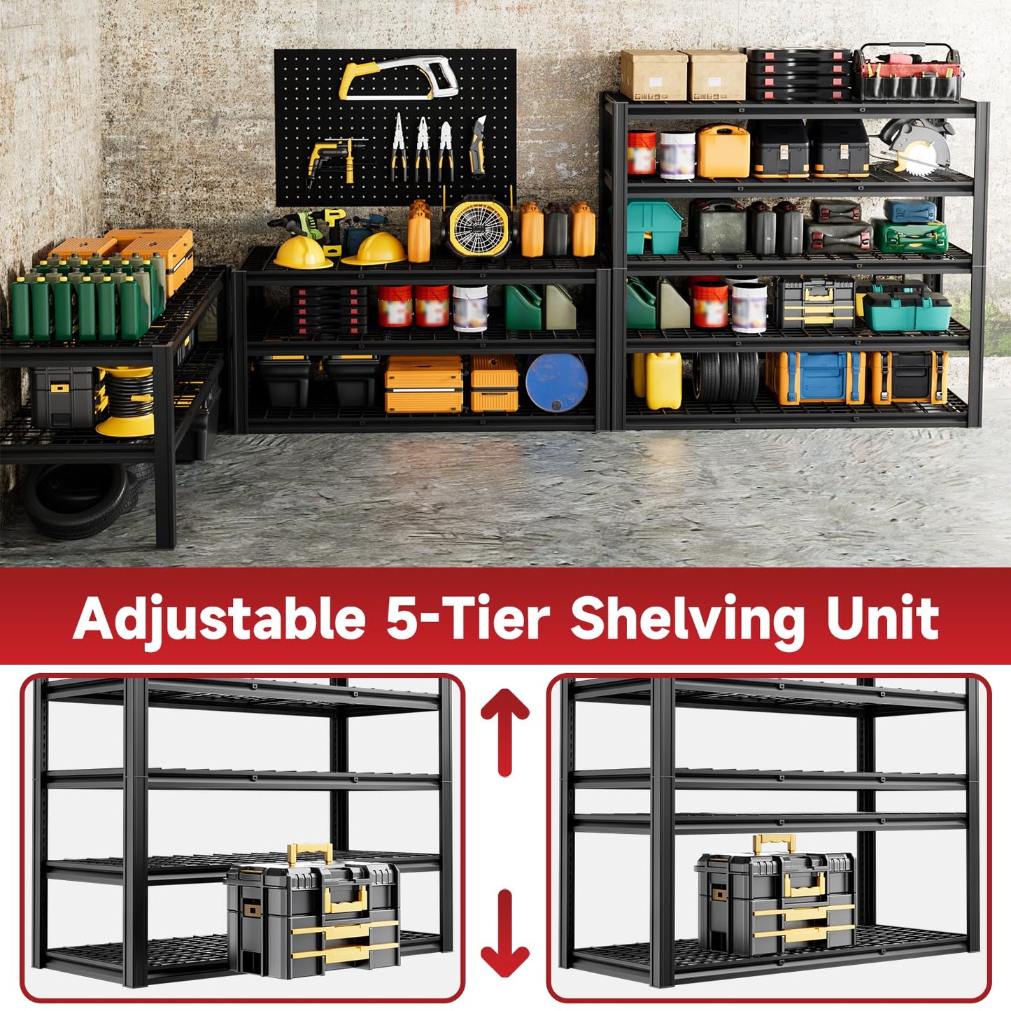 cynnda 5-Tier 60”W x 24”D x 78”H Garage Shelving Adjustable Metal Storage Shelves 3000LBS Garage Shelving Heavy Duty Utility Shelf Unit Storage Racks for Warehouse(Black)