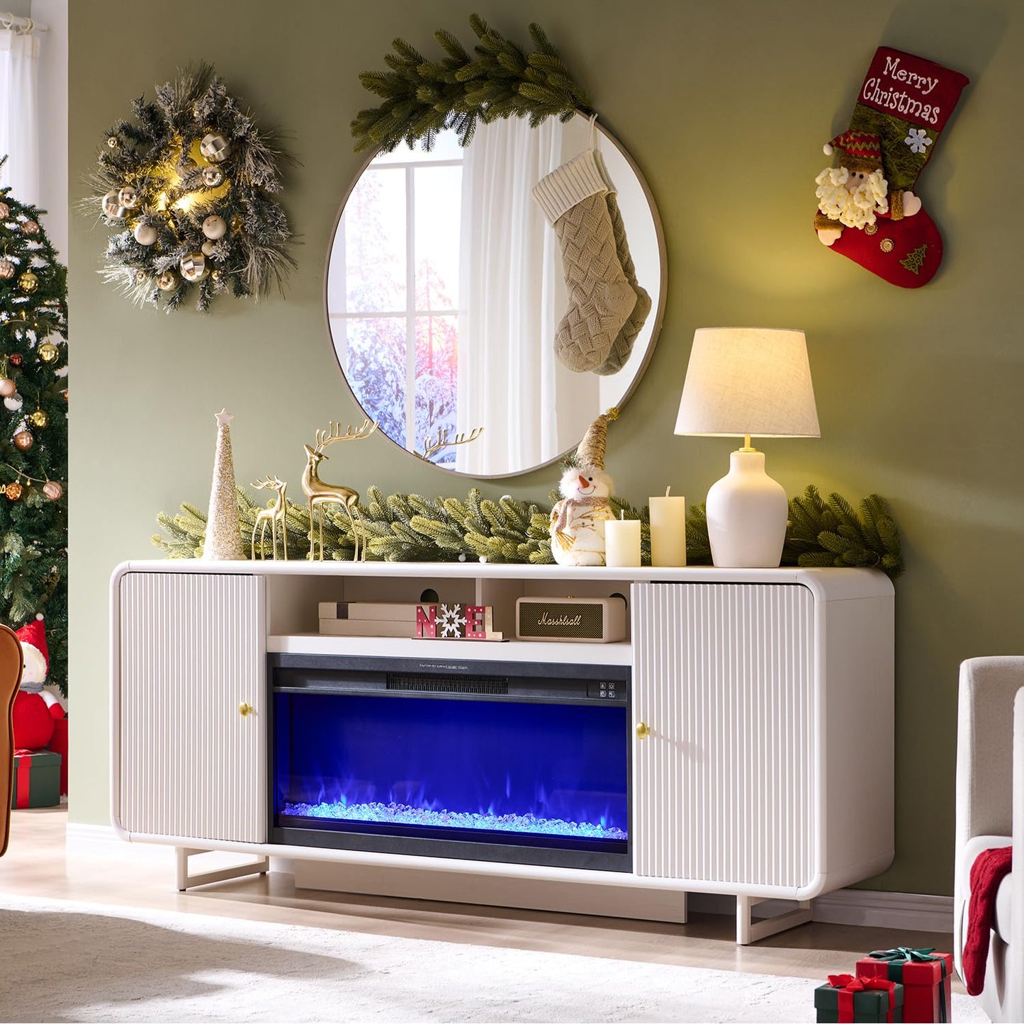 IFGET 70" Fluted Fireplace TV Stand for 80 Inch TV, Modern Entertainment Center w/36'' Electric Fireplace, Wood Media Console w/Curved Profile Design and Adjustable Shelves for Living Room, White