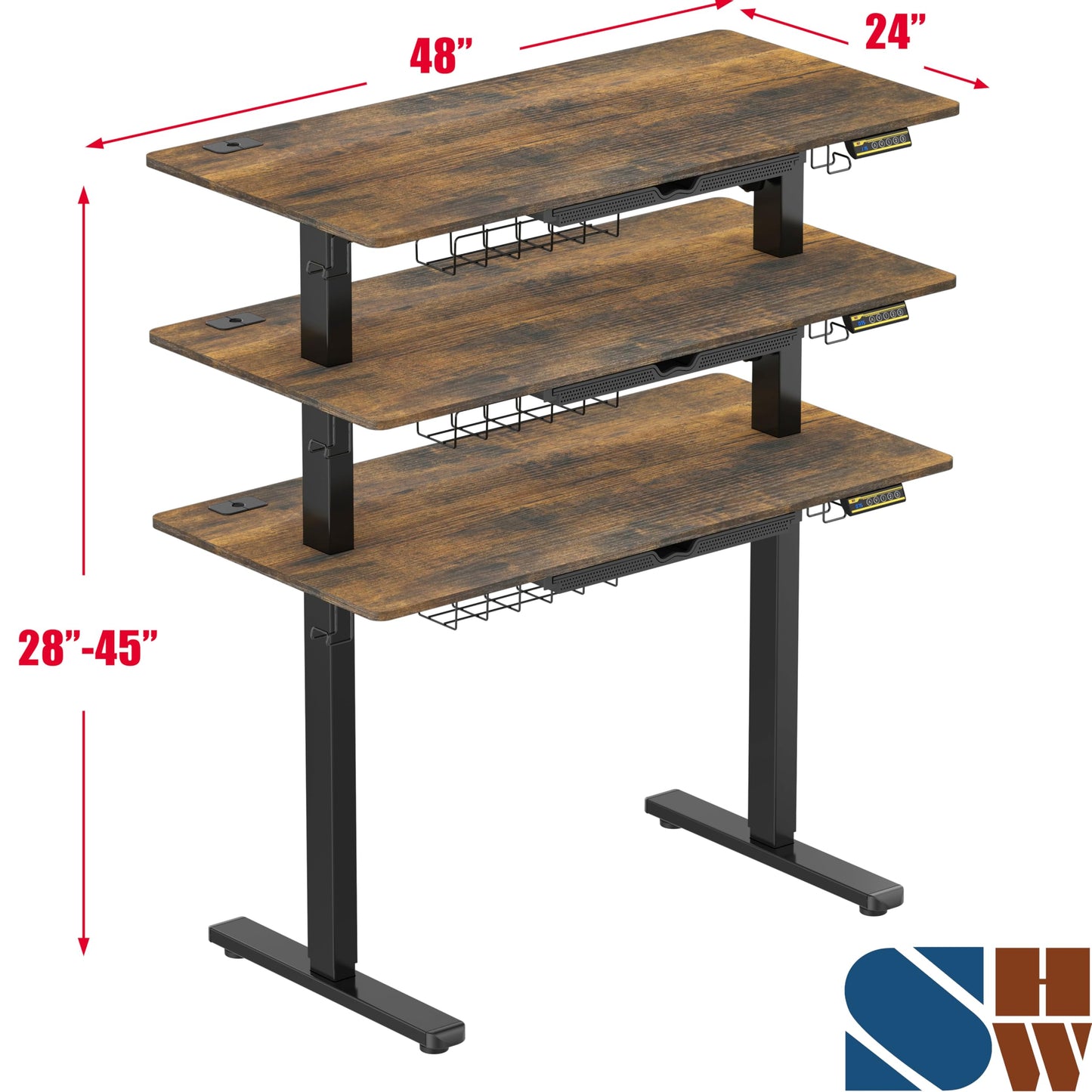 SHW 48-Inch Electric Height Adjustable Standing Desk with Drawer, Memory Preset and Cable Management Tray, Rustic Brown
