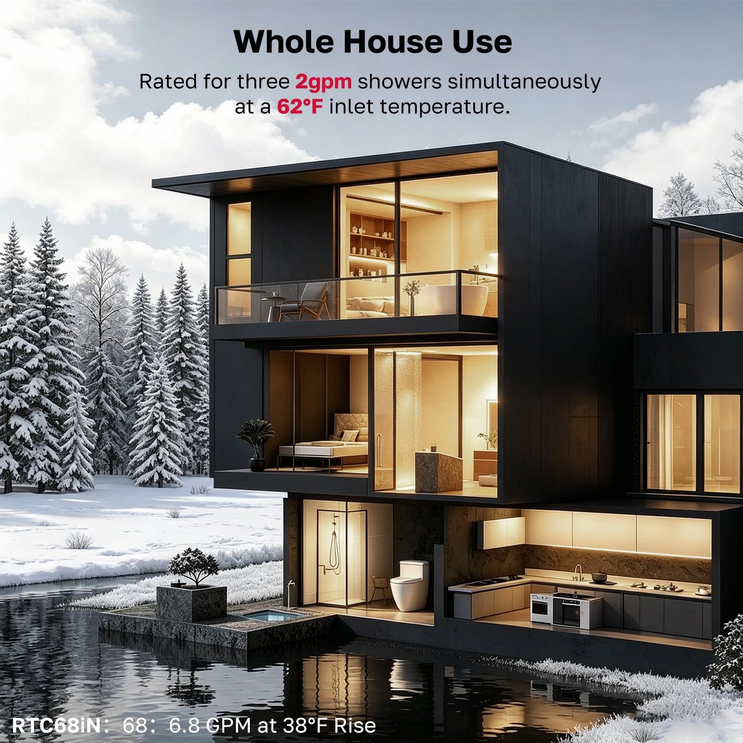 ThermoMate RTC68iN Condensing Tankless Water Heater, 0.91 UEF High Efficiency On-Demand Hot Water for Whole House Use, Up to 9.38 GPM 163,000 BTU, Energy Saving Instant Heating, Natural Gas