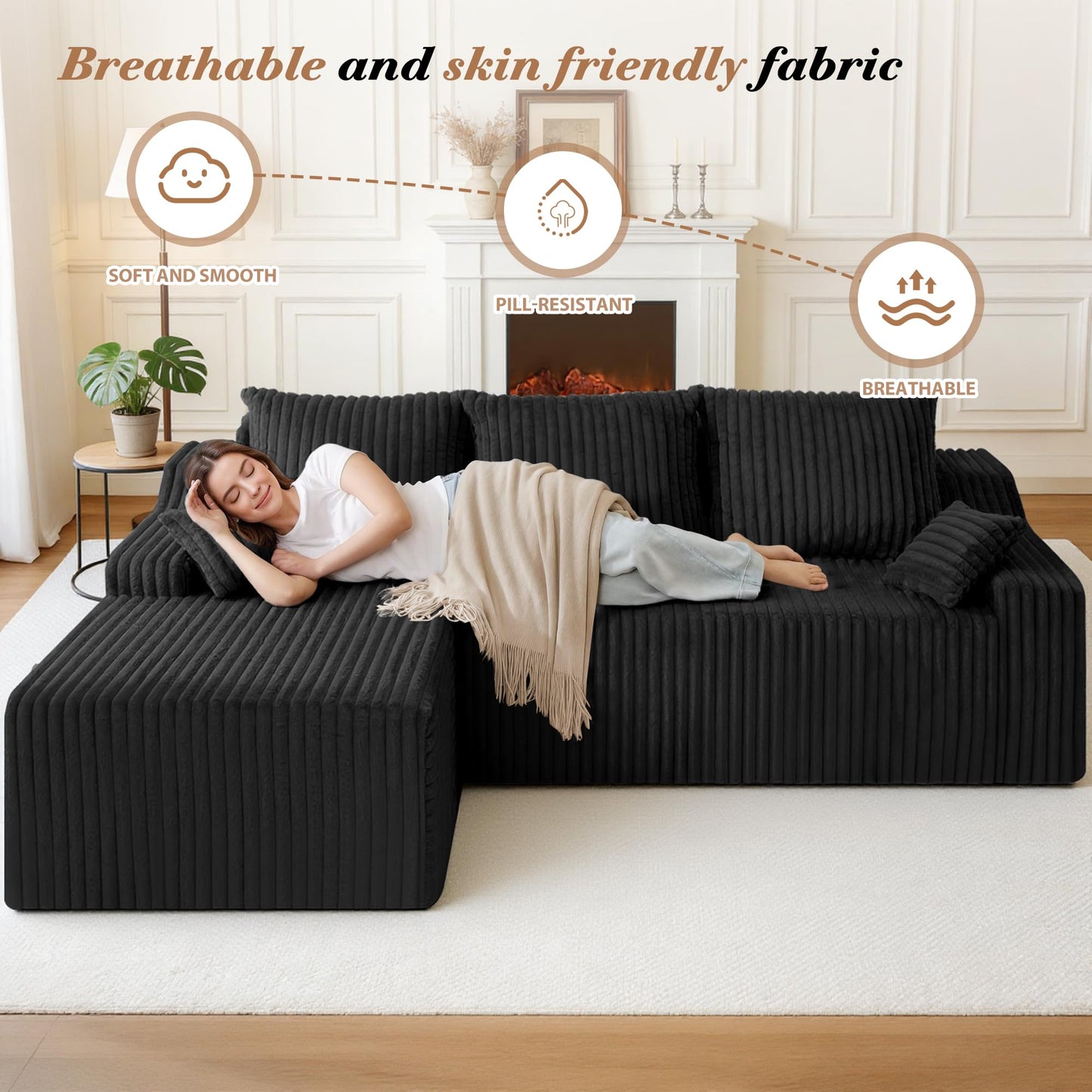 HABUTWAY 94" L-Shape Modular Sectional Sofa Couch for Living Room, No Assembly Required, Boneless Couch with Deep Seat for Living Room Bedroom, No Assembly Required (Black,Left)