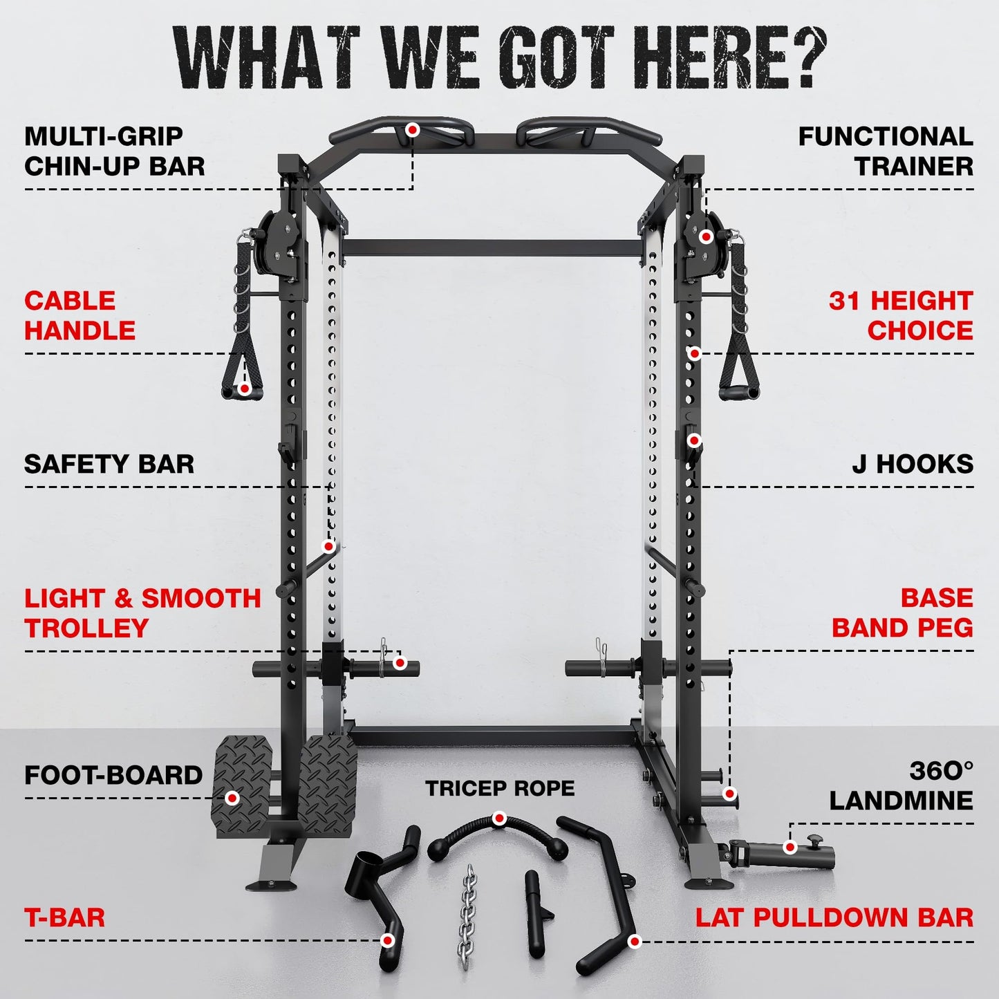 GOIMU DP01 Power Cage, 2000LBS Squat Rack with Cable Crossover and Dual Independent Pulley System, Full Cage for Full Body Training, Power Rack with More Training Attachments for Home Gym(Black)
