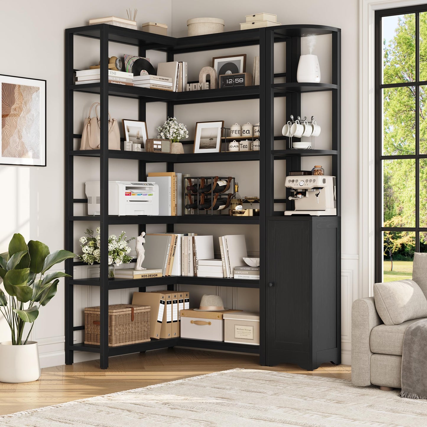 Keyluv Modern 72" Tall Corner Bookshelf with Storage Cabinet, Large 2-Piece Reversible L-Shaped Bookcase with Door, 6-Tier Display Shelf for Living Room, Home Office, Pantry, Black
