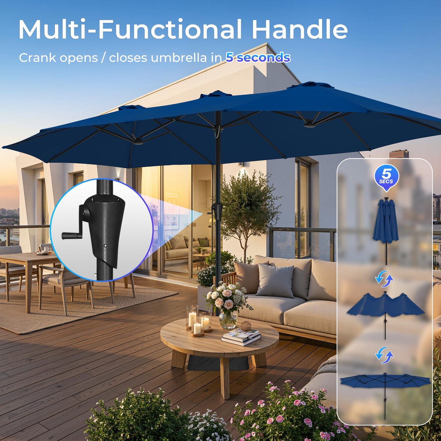 SUPERJARE 15FT Outdoor Patio Umbrella with Base Included, Double Sided Pool Umbrellas with Fade Resistant Canopy, Extra-Large Table Umbrella for Deck, Market, Backyard, Navy Blue