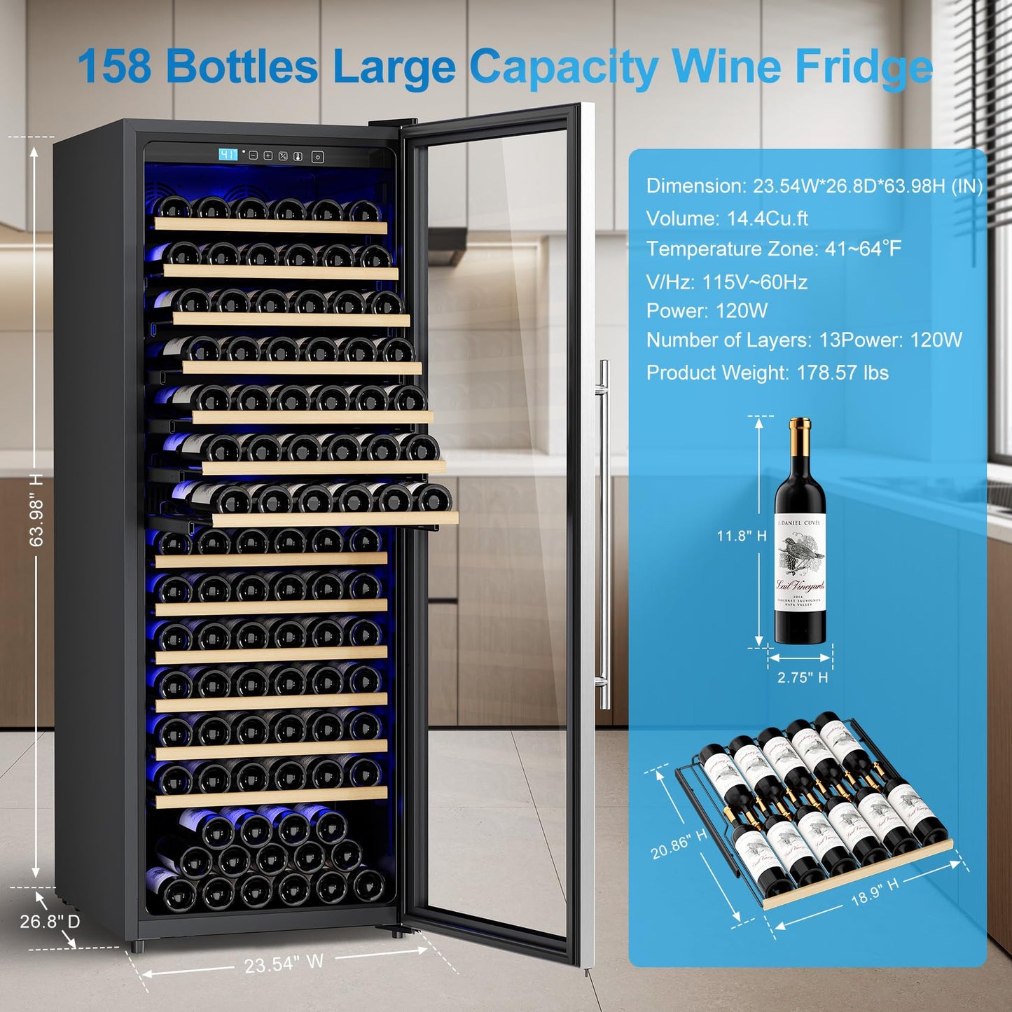 Vushine 158 Bottle Wine Fridge, 24 Inch Wine Cooler Refrigerator Freestanding with Professional Temperature Control System, Suitable for Mixed Bottle Sizes, Low Noise Operation (14.4cu.ft)