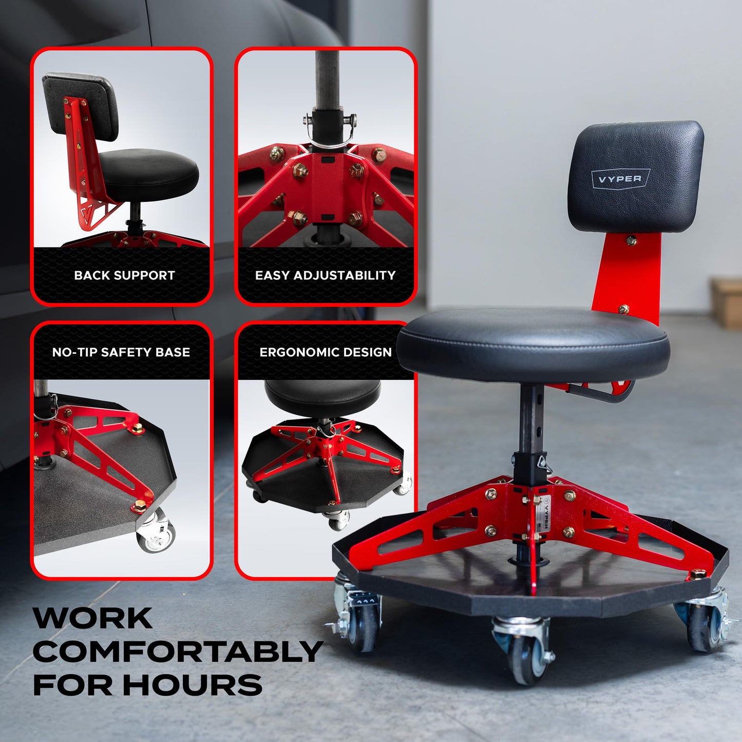 Vyper Robust Steel Sport Shop Chair for Mechanics, Automotive, DIY - Made in USA - 300 lb Capacity Garage Stool with Backrest & Large Wheels (Black Seat, Red Frame)